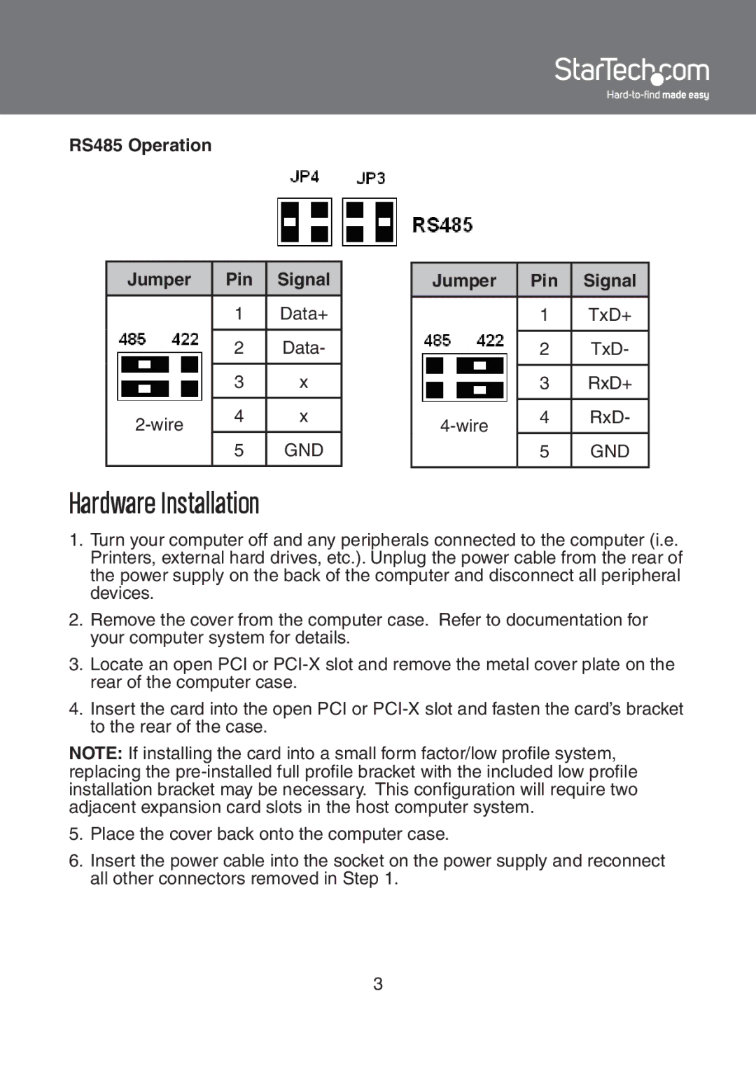 StarTech.com RS-485/422 instruction manual Hardware Installation 