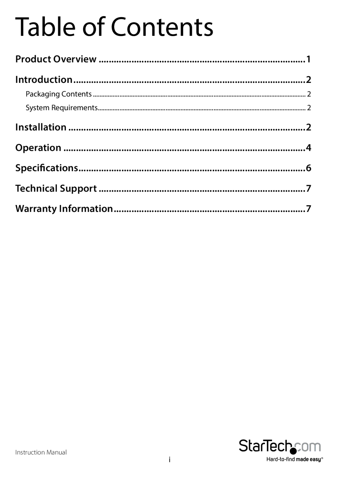 StarTech.com RS232 manual Table of Contents 