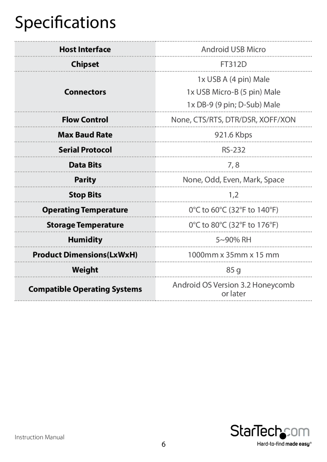 StarTech.com RS232 manual Specifications 