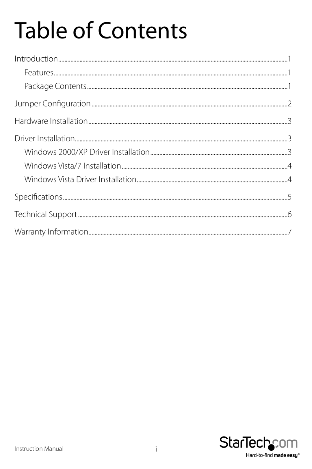 StarTech.com RS232 manual Table of Contents 