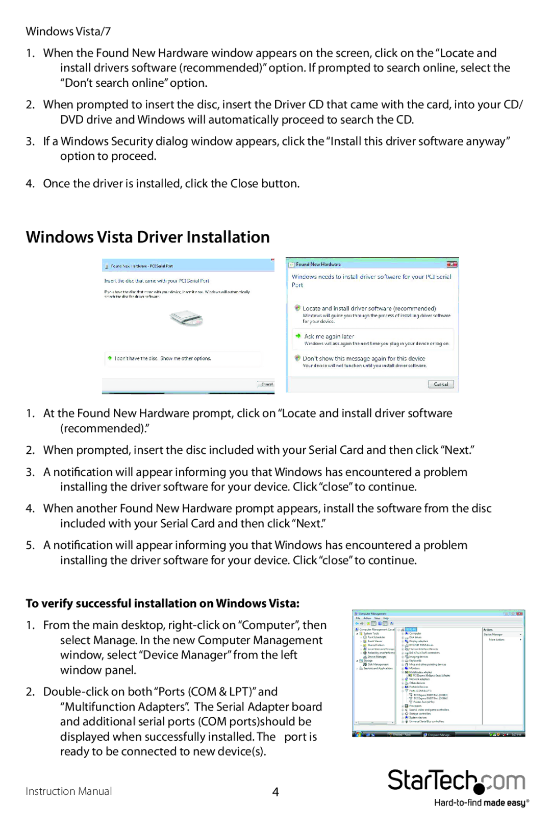 StarTech.com RS232 manual Windows Vista Driver Installation, To verify successful installation on Windows Vista 