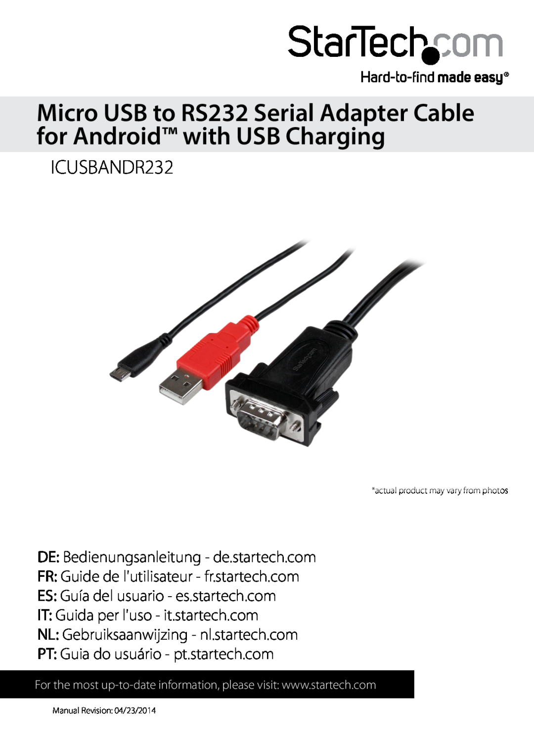 StarTech.com manual Micro USB to RS232 Serial Adapter Cable for Android with USB Charging, ICUSBANDR232 