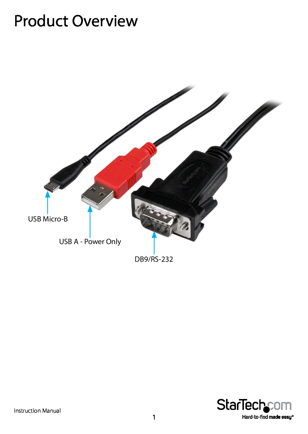 StarTech.com RS232 manual Product Overview, USB Micro-B USB A - Power Only DB9/RS-232 