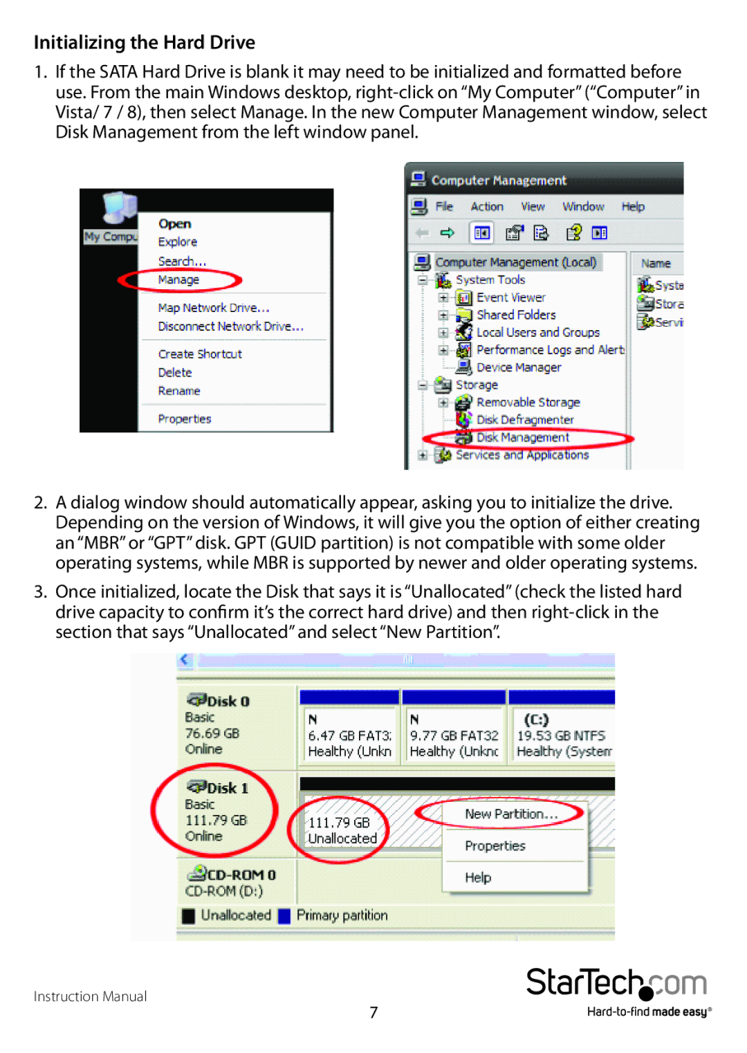 StarTech.com S2510BMU33 manual Initializing the Hard Drive 