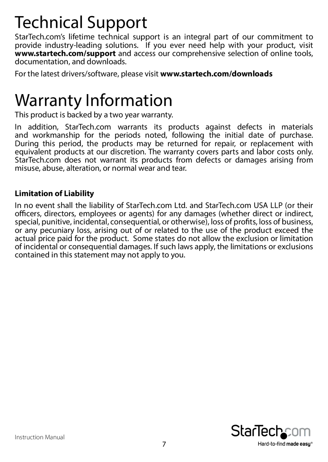 StarTech.com s3510bmu33b manual Technical Support Warranty Information, Limitation of Liability 