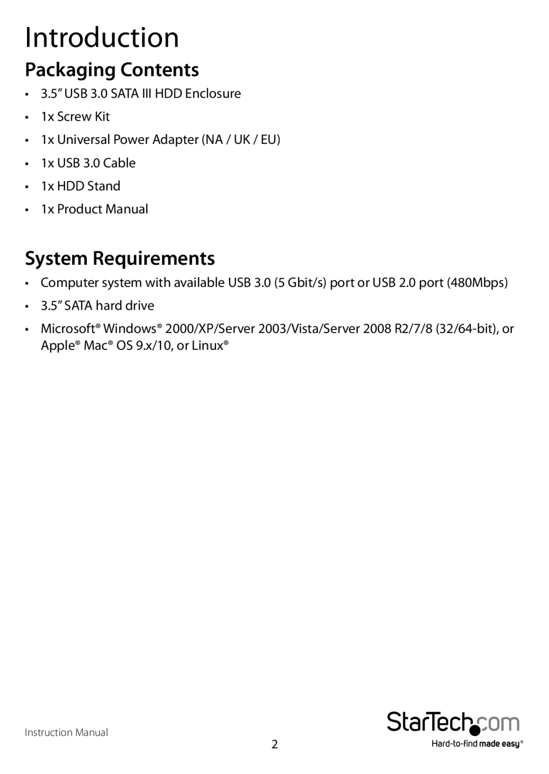 StarTech.com S3510BMU33, S3510SMU33 manual Introduction, Packaging Contents, System Requirements 