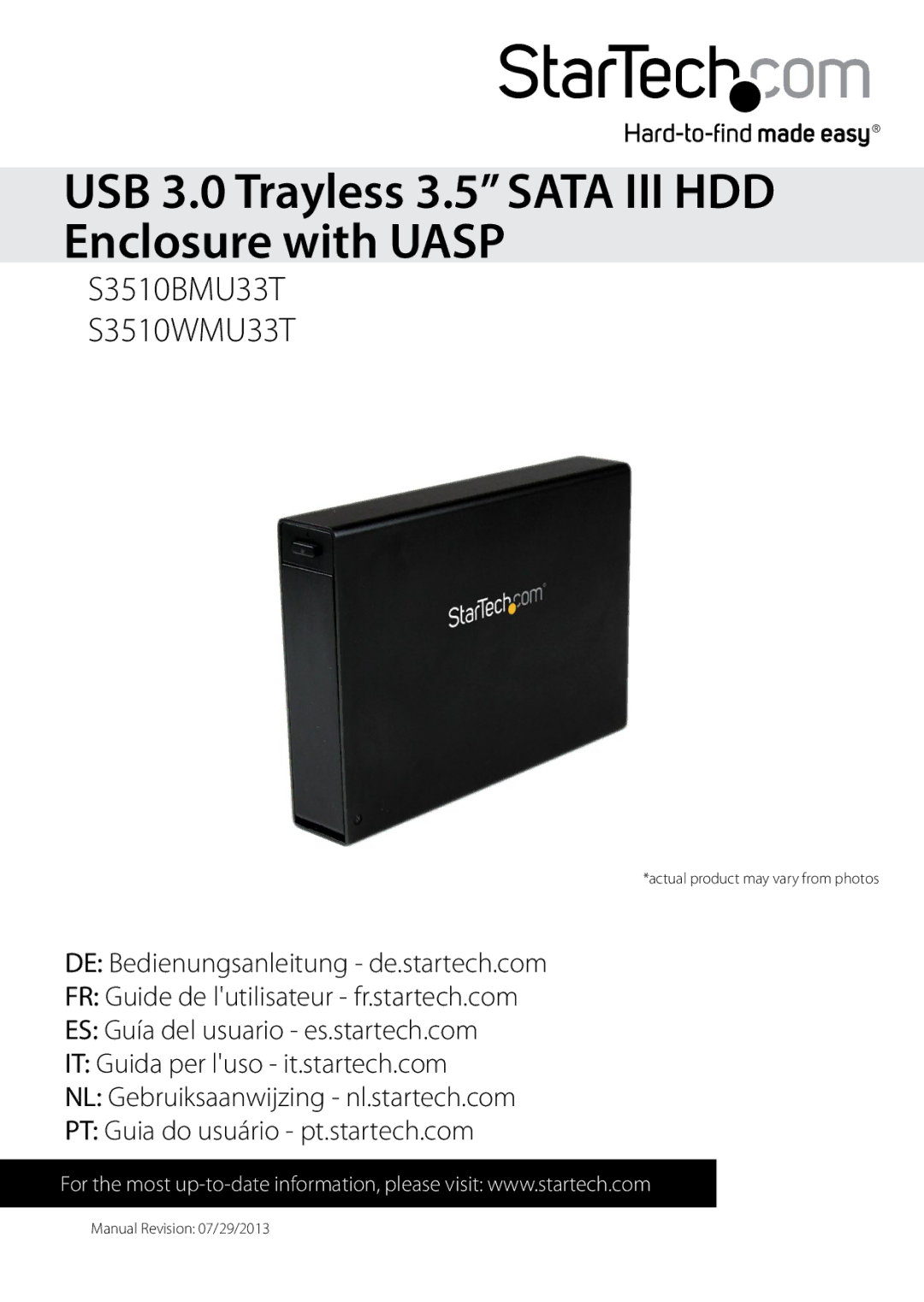 StarTech.com S3510BMU33T, S3510WMU33T manual USB 3.0 Trayless 3.5 Sata III HDD Enclosure with Uasp 