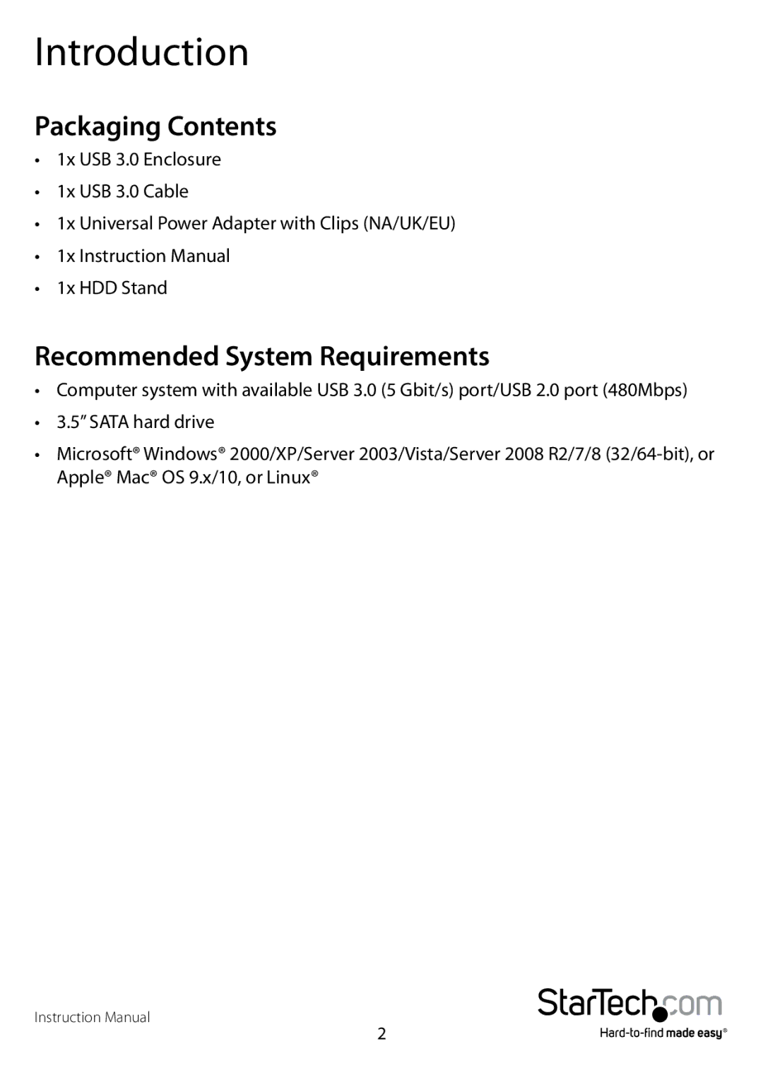 StarTech.com S3510BMU33T, S3510WMU33T manual Introduction, Packaging Contents 