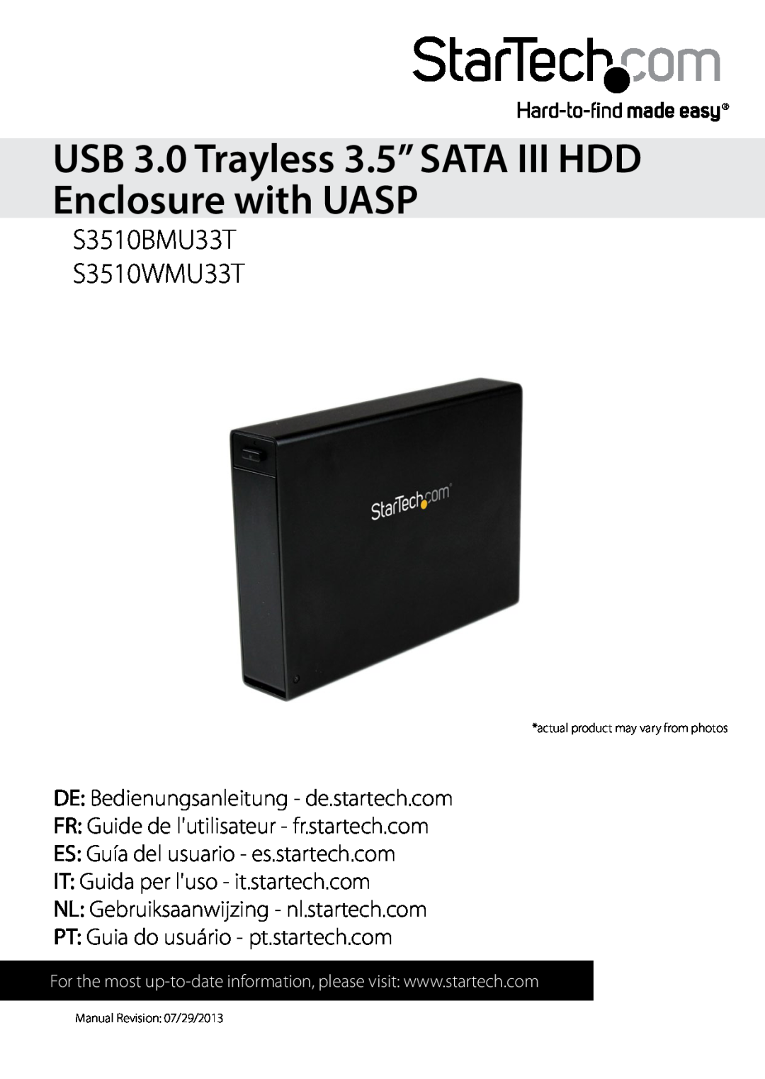 StarTech.com manual USB 3.0 Trayless 3.5” SATA III HDD Enclosure with UASP, S3510BMU33T S3510WMU33T 