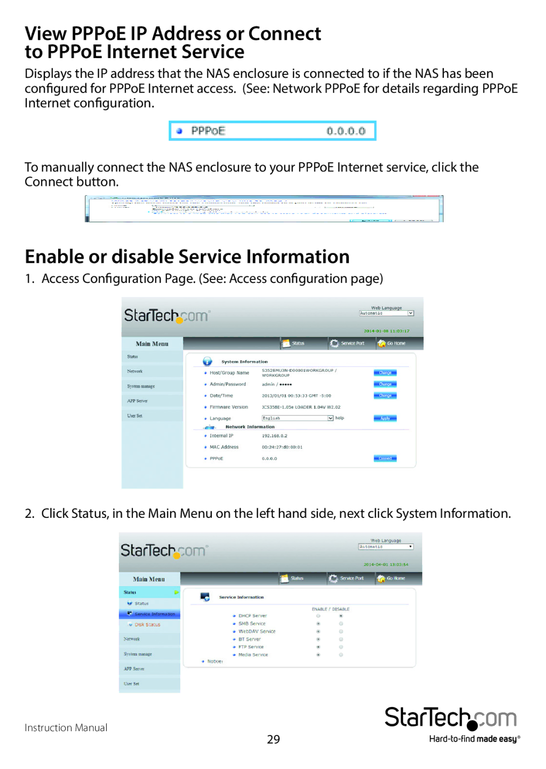 StarTech.com S352BMU3N Enable or disable Service Information, View PPPoE IP Address or Connect to PPPoE Internet Service 