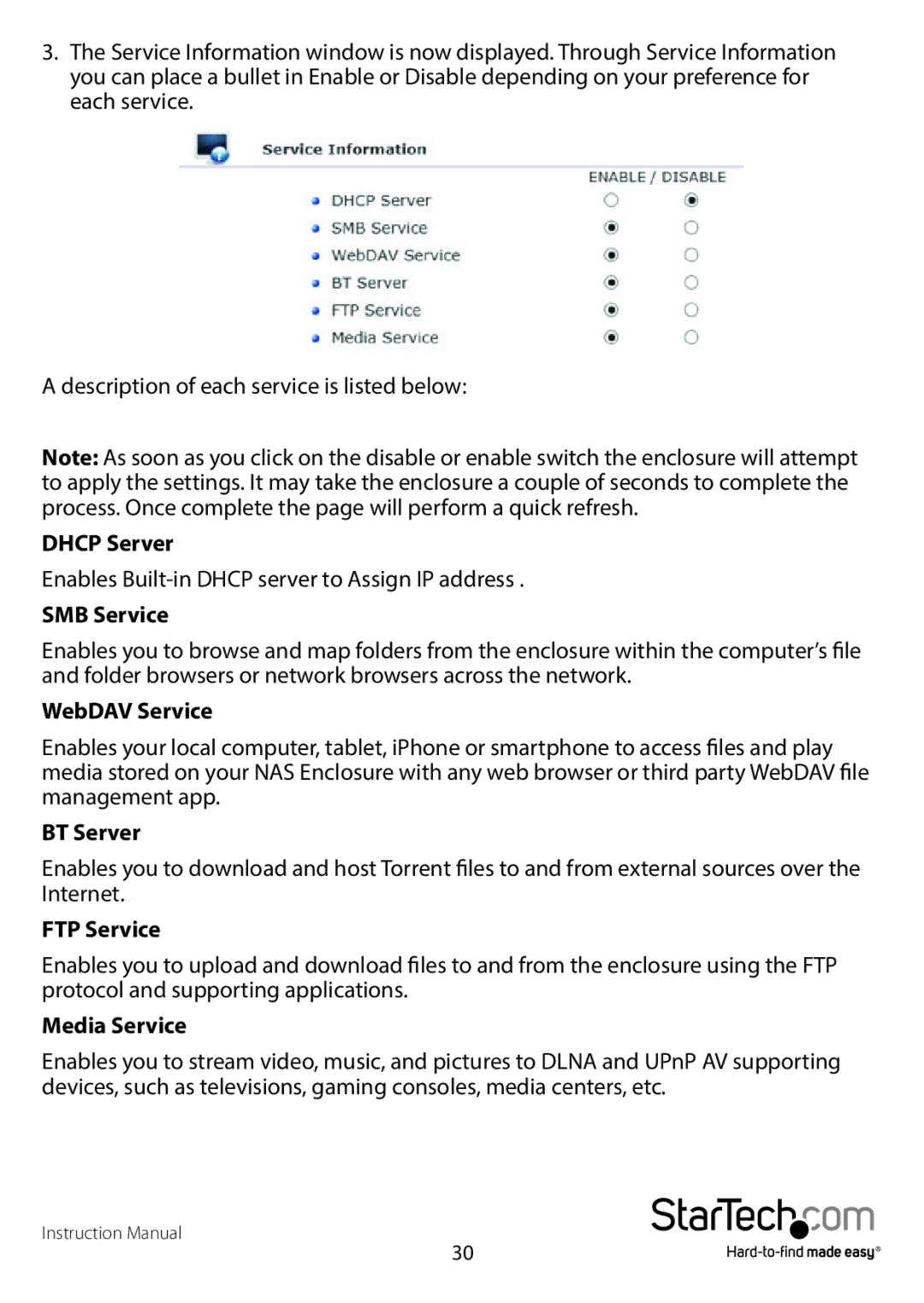 StarTech.com S352BMU3N manual Dhcp Server, SMB Service, WebDAV Service, BT Server, FTP Service, Media Service 