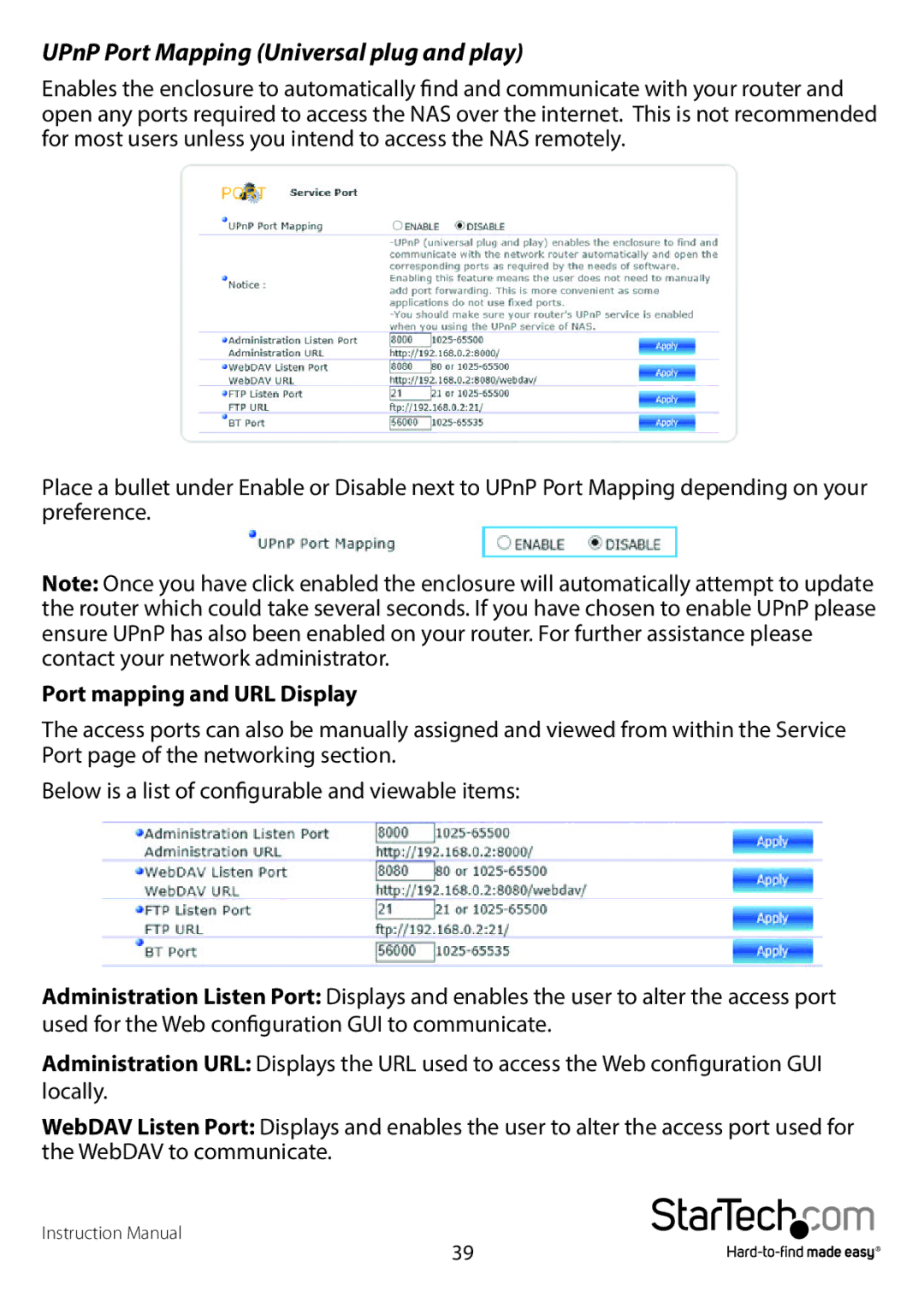 StarTech.com S352BMU3N manual UPnP Port Mapping Universal plug and play, Port mapping and URL Display 