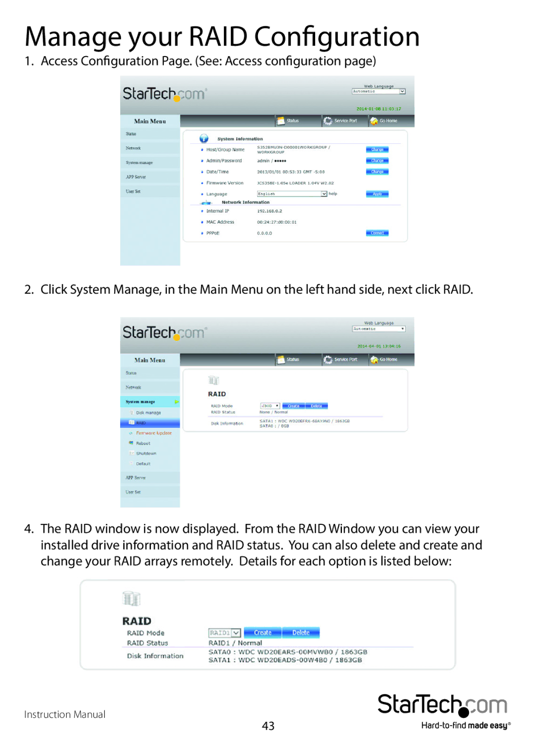 StarTech.com S352BMU3N manual Manage your RAID Configuration 