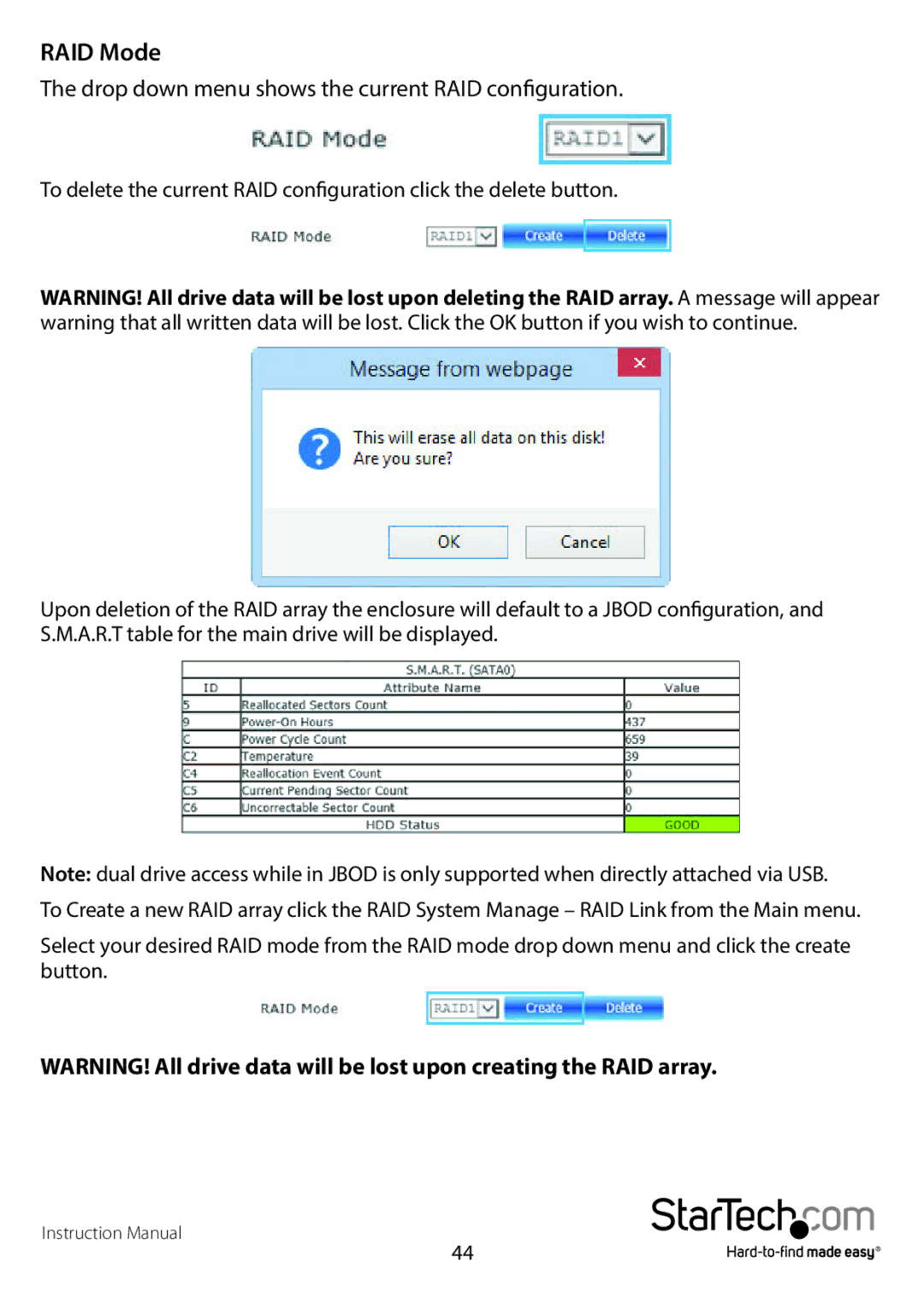 StarTech.com S352BMU3N manual RAID Mode, Drop down menu shows the current RAID configuration 