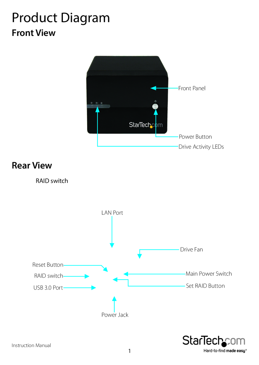 StarTech.com S352BMU3N manual Product Diagram, Front View Rear View 