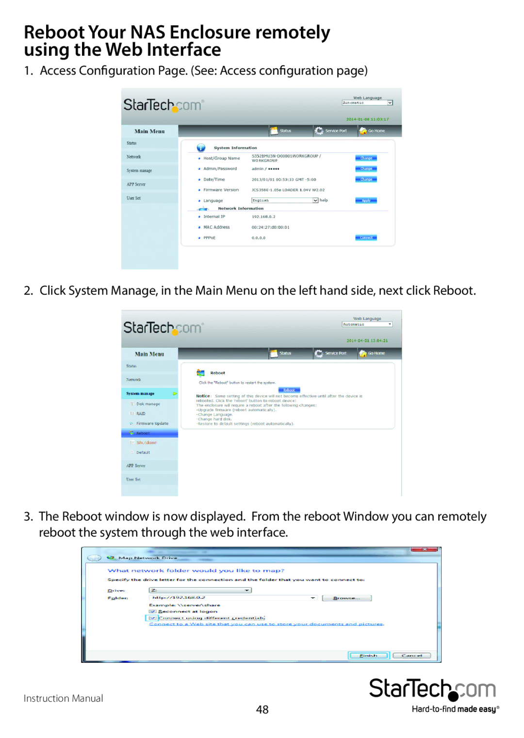 StarTech.com S352BMU3N manual Reboot Your NAS Enclosure remotely using the Web Interface 