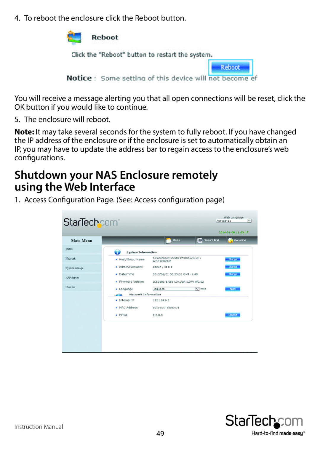 StarTech.com S352BMU3N manual Shutdown your NAS Enclosure remotely using the Web Interface 