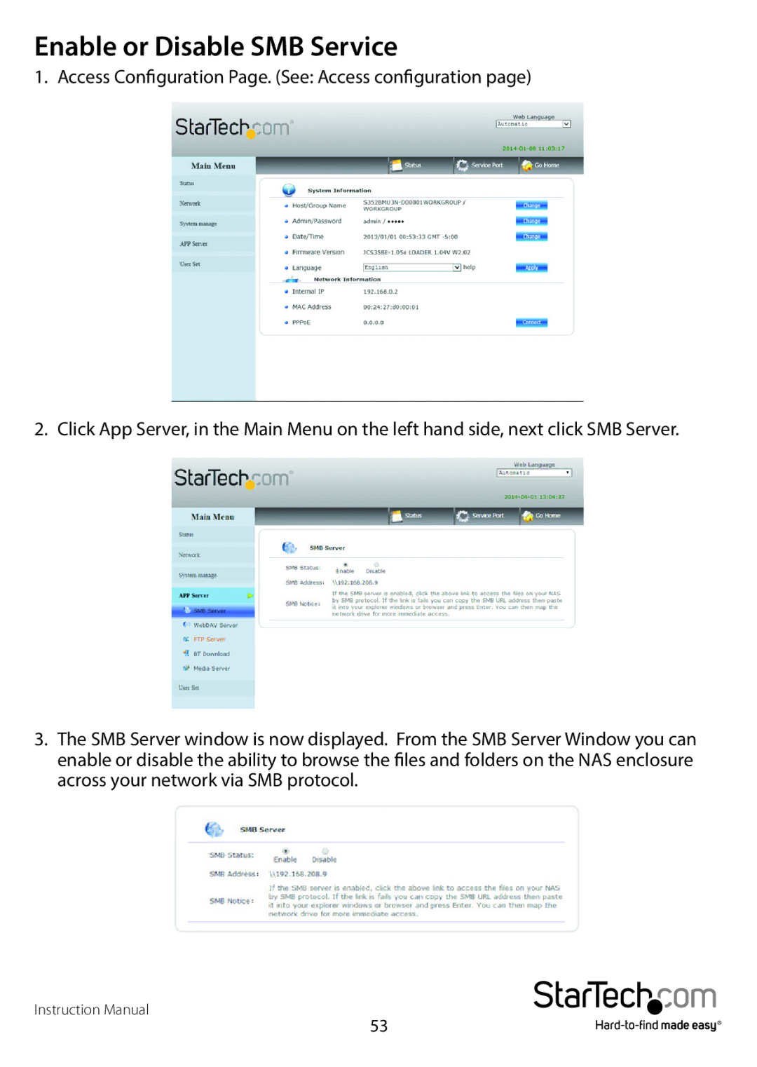 StarTech.com S352BMU3N manual Enable or Disable SMB Service 