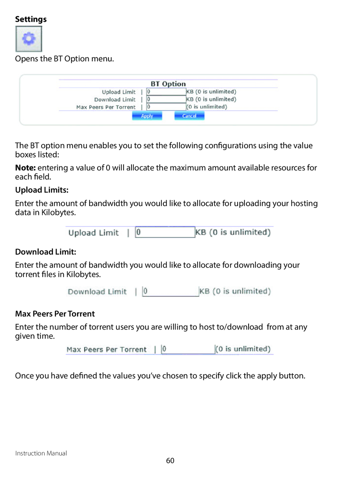 StarTech.com S352BMU3N manual Settings, Upload Limits, Download Limit, Max Peers Per Torrent 