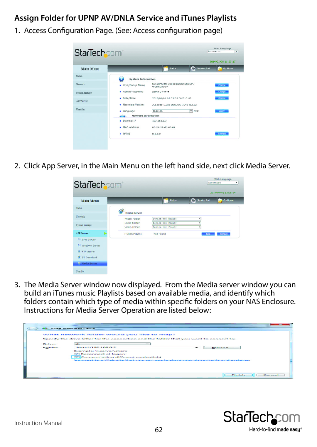 StarTech.com S352BMU3N manual Assign Folder for Upnp AV/DNLA Service and iTunes Playlists 