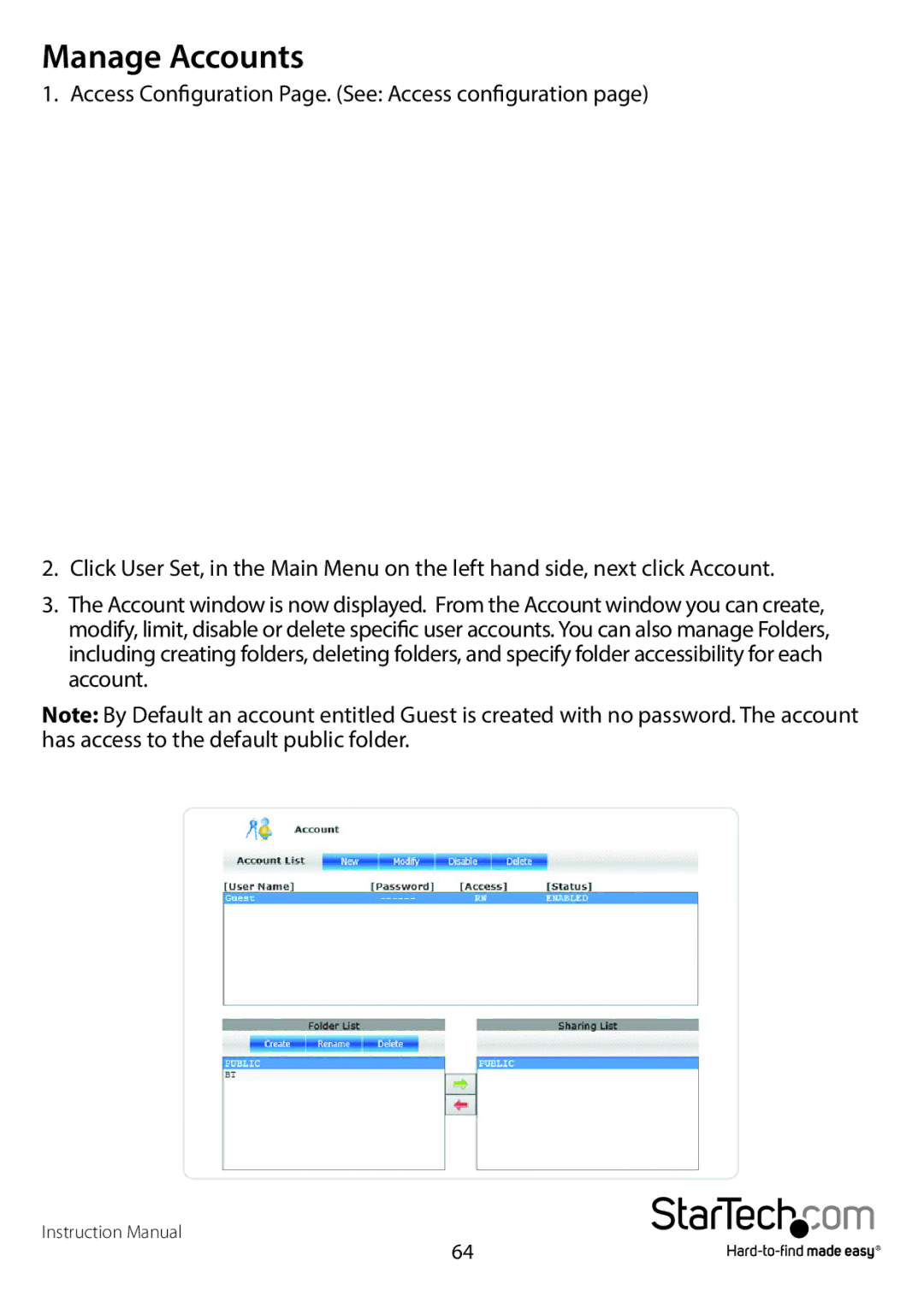 StarTech.com S352BMU3N manual Manage Accounts 