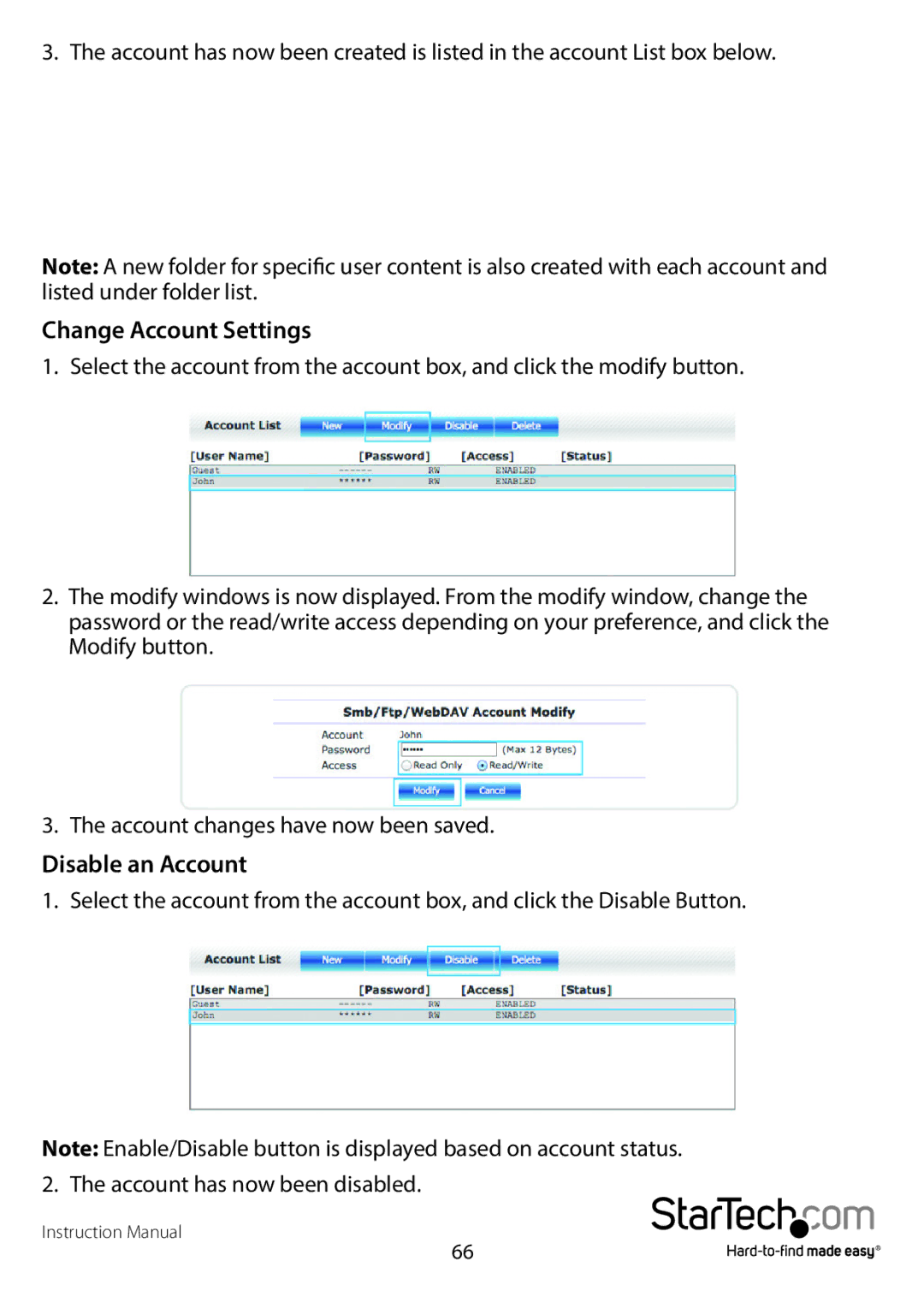 StarTech.com S352BMU3N manual Change Account Settings, Disable an Account 