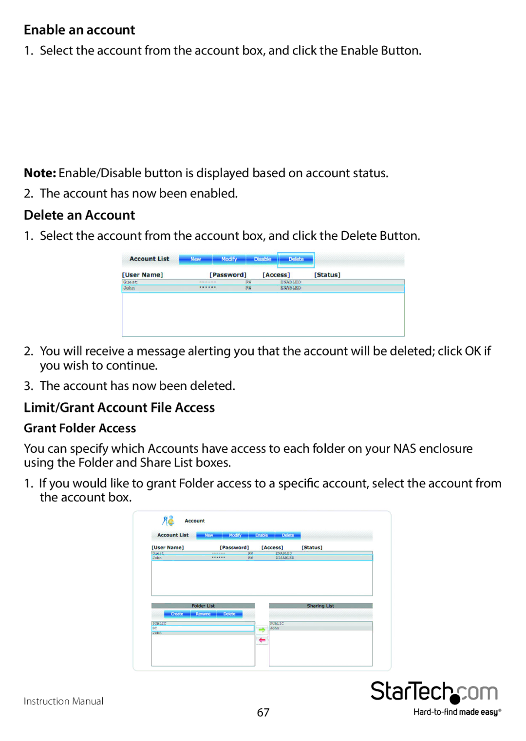 StarTech.com S352BMU3N manual Enable an account, Delete an Account, Limit/Grant Account File Access, Grant Folder Access 