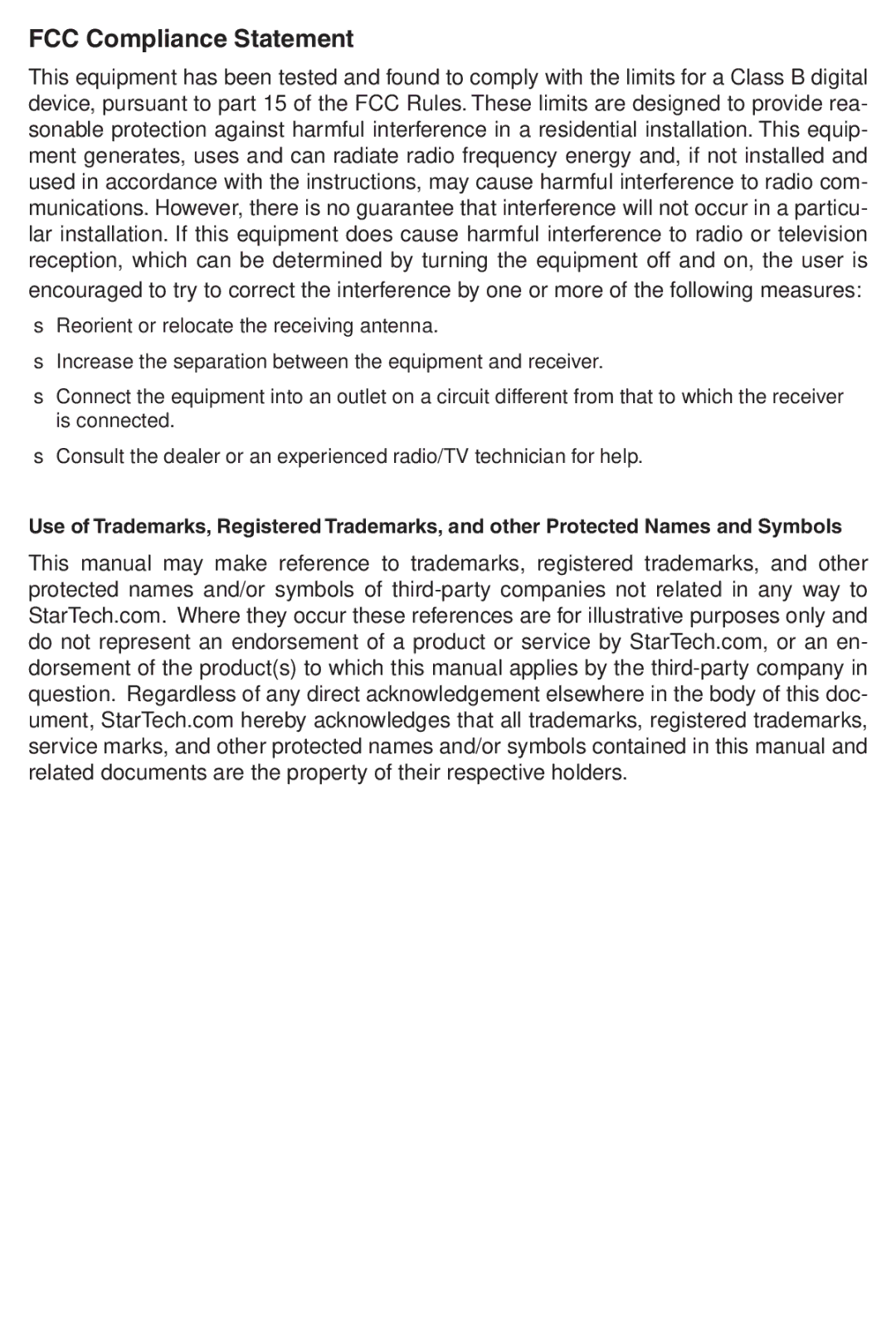 StarTech.com SAT2510BU2B instruction manual FCC Compliance Statement 