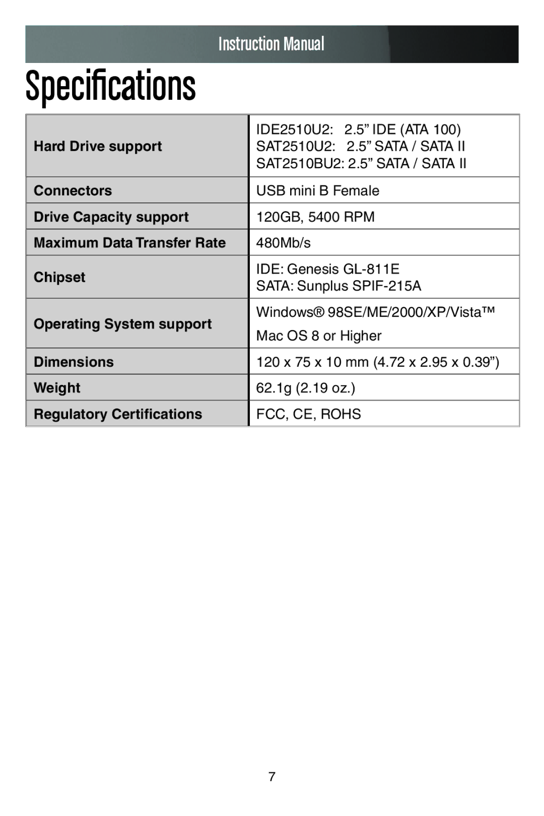 StarTech.com IDE2510U2, SAT2510U2, SAT2510BU2 manual Specifications 