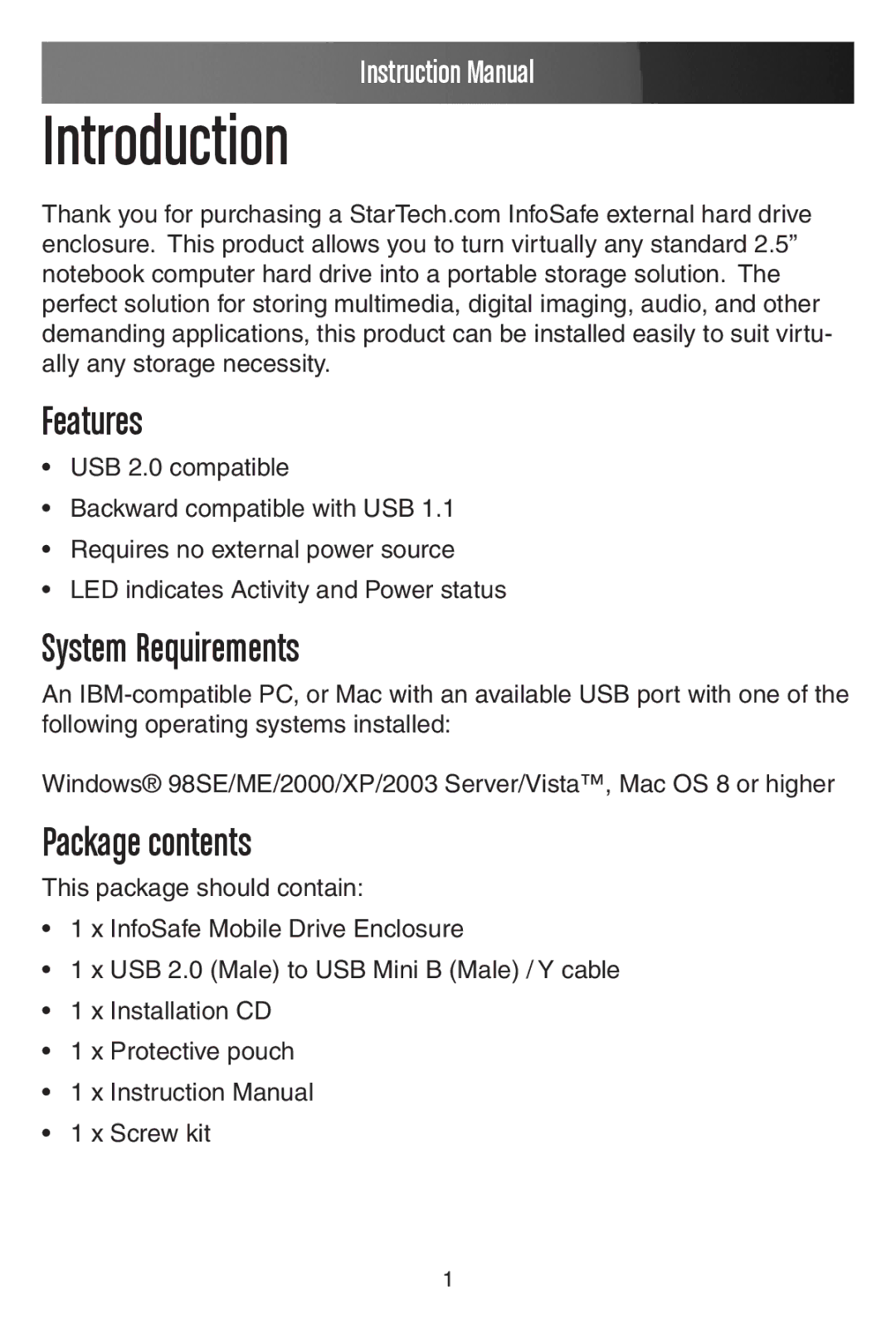 StarTech.com IDE2510U2, SAT2510U2, SAT2510BU2 manual Introduction, Features, System Requirements, Package contents 