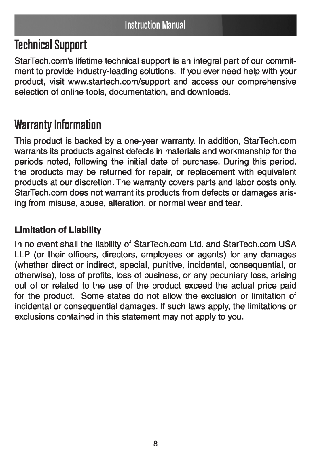 StarTech.com SAT2510BU2, SAT2510U2 Technical Support, Warranty Information, Limitation of Liability, Instruction Manual 