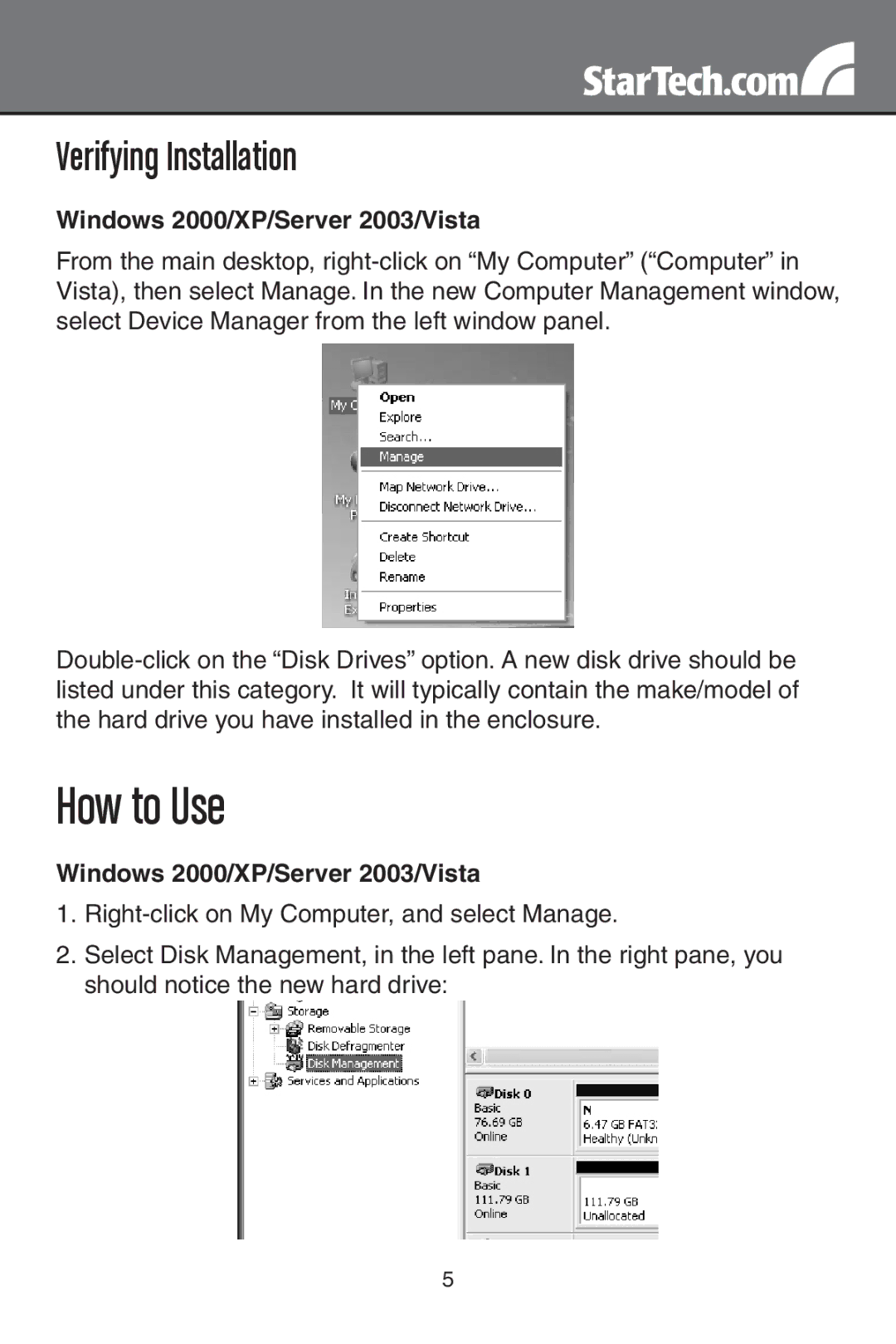 StarTech.com SAT2510U2E, SAT2510BU2E How to Use, Verifying Installation, Windows 2000/XP/Server 2003/Vista 