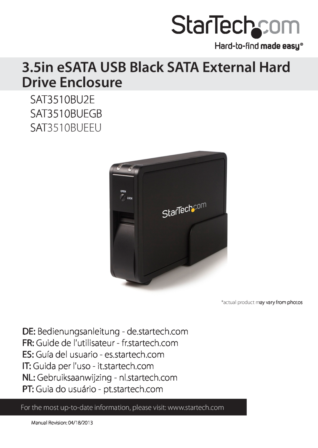 StarTech.com SAT3510BUEEU manual 3.5in eSATA USB Black SATA External Hard Drive Enclosure, Manual Revision 04/18/2013 
