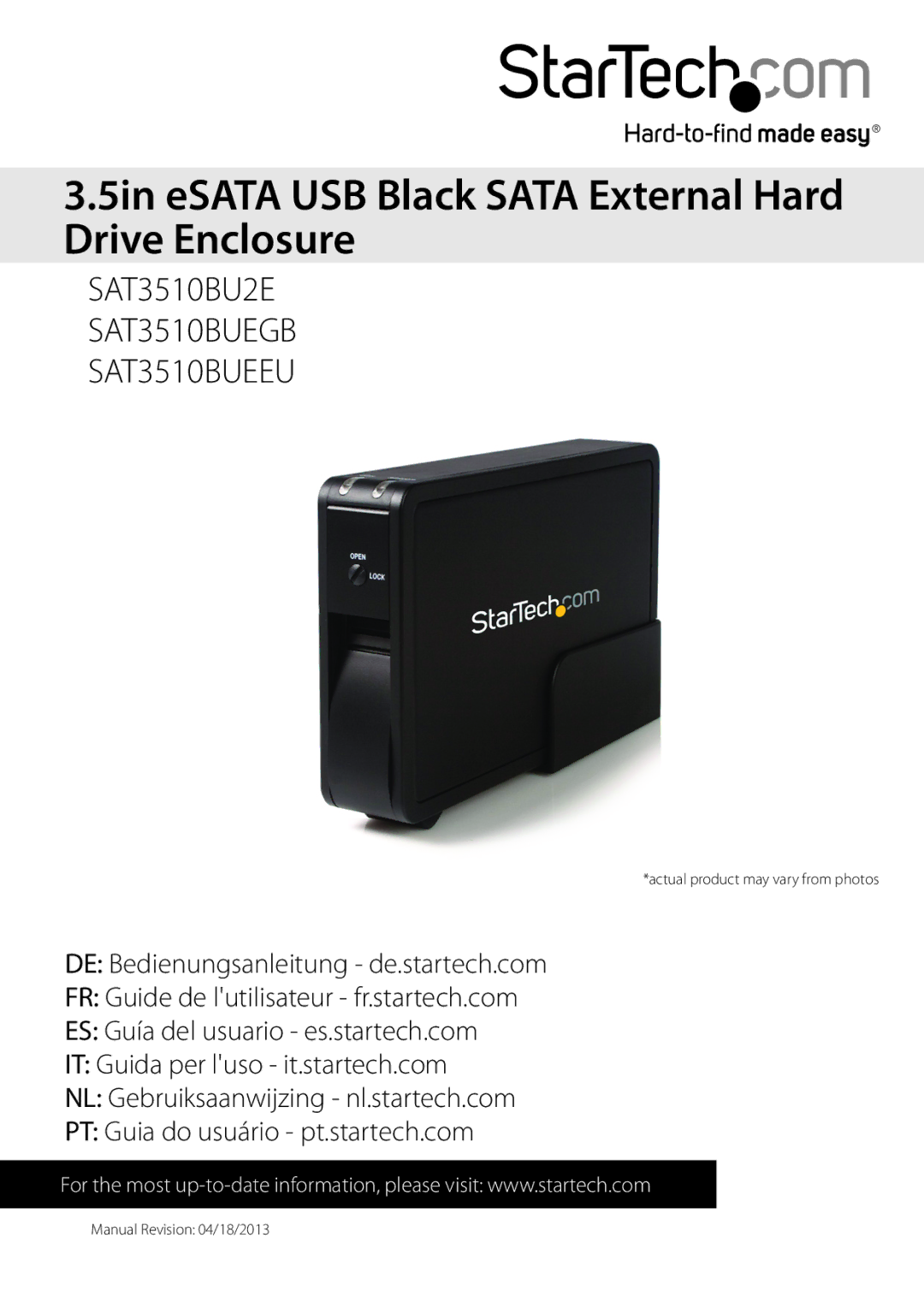 StarTech.com SAT3510BUEEU, SAT3510BU2E, SAT3510BUEGB manual 5in eSATA USB Black Sata External Hard Drive Enclosure 