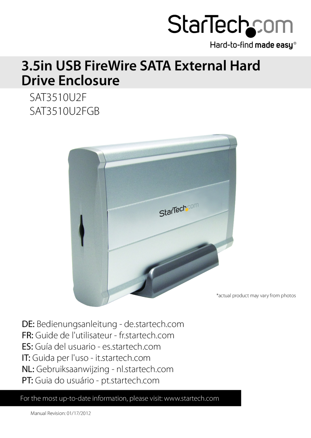 StarTech.com manual 3.5in USB FireWire SATA External Hard Drive Enclosure, SAT3510U2F SAT3510U2FGB 