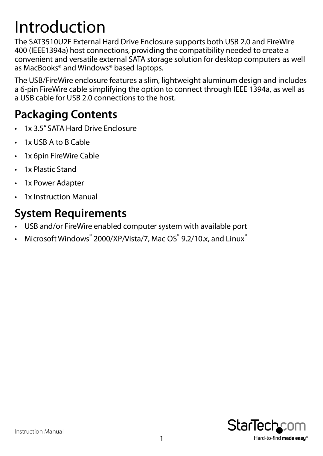 StarTech.com SAT3510U2F manual Introduction, Packaging Contents, System Requirements 