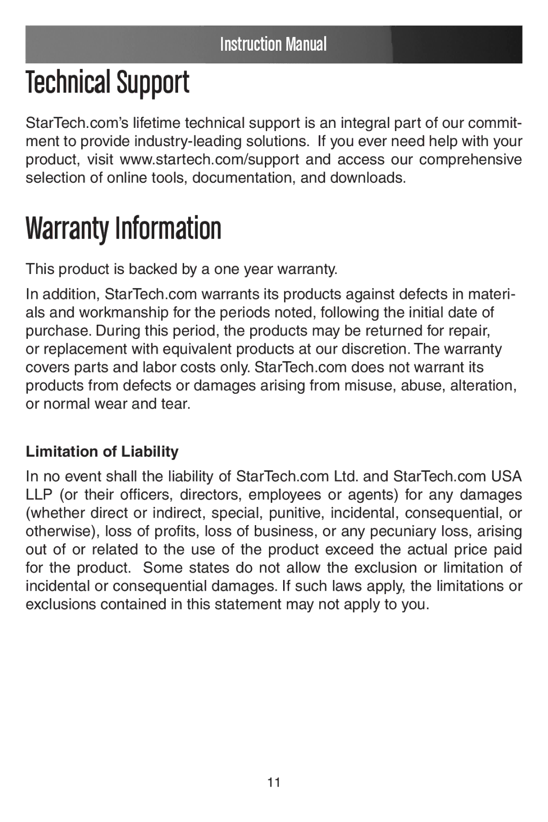 StarTech.com SATADOCKU2 instruction manual Technical Support Warranty Information 