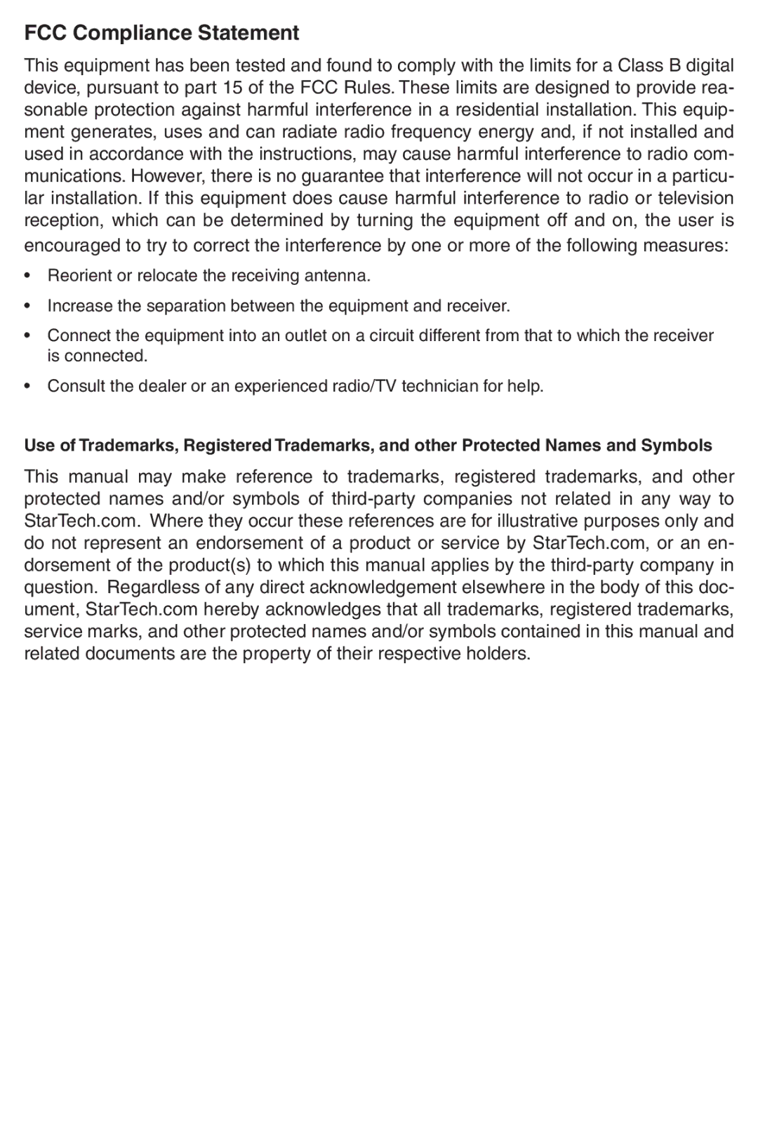 StarTech.com SATADOCKU2 instruction manual FCC Compliance Statement 