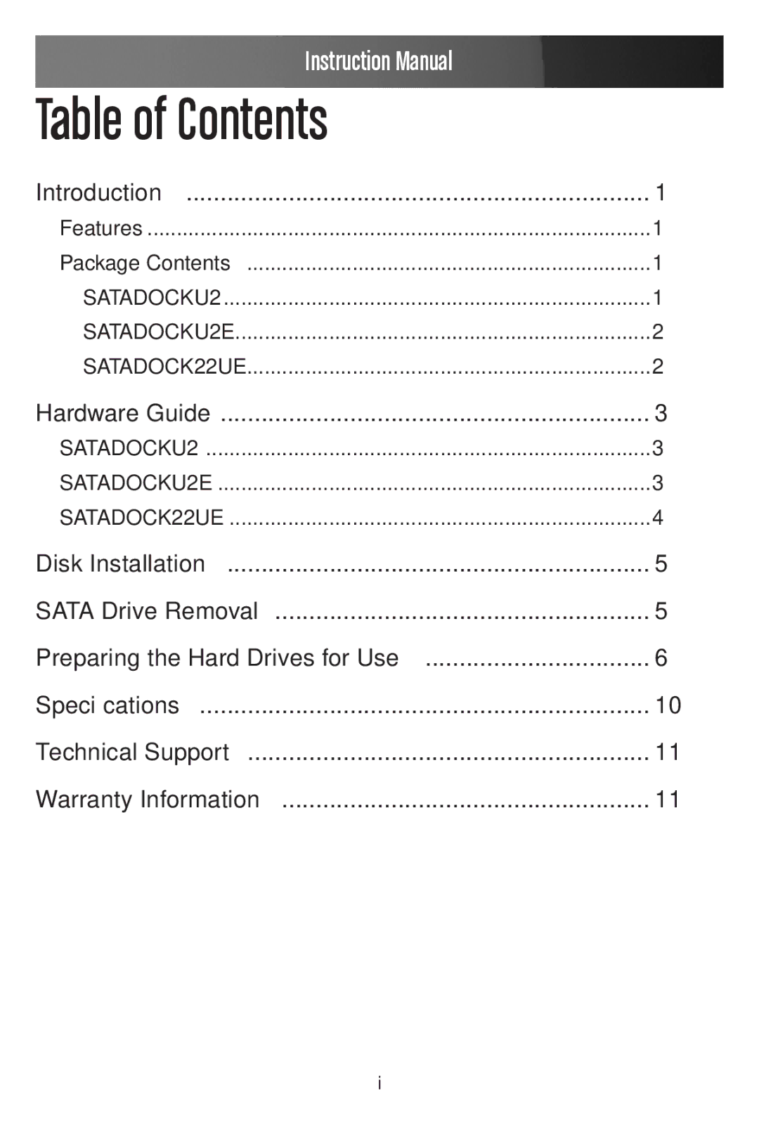 StarTech.com SATADOCKU2 instruction manual Table of Contents 