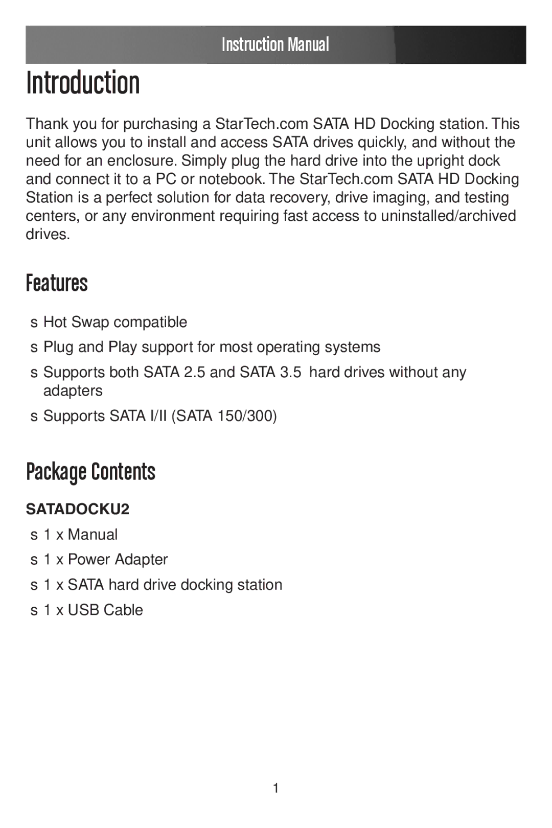 StarTech.com SATADOCKU2 instruction manual Introduction, Features 