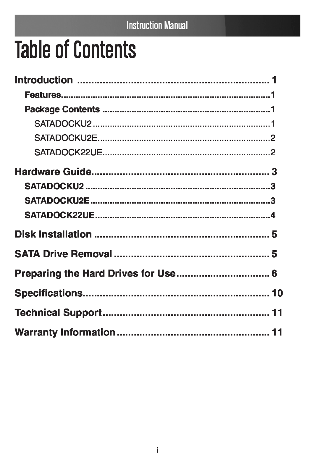 StarTech.com SATADOCKU2 Table of Contents, Instruction Manual, Introduction, Hardware Guide, Disk Installation 