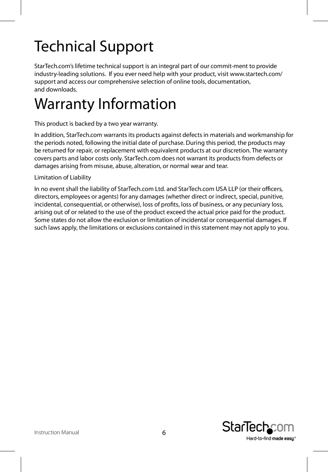 StarTech.com SATDOCK22RE manual Technical Support, Warranty Information 