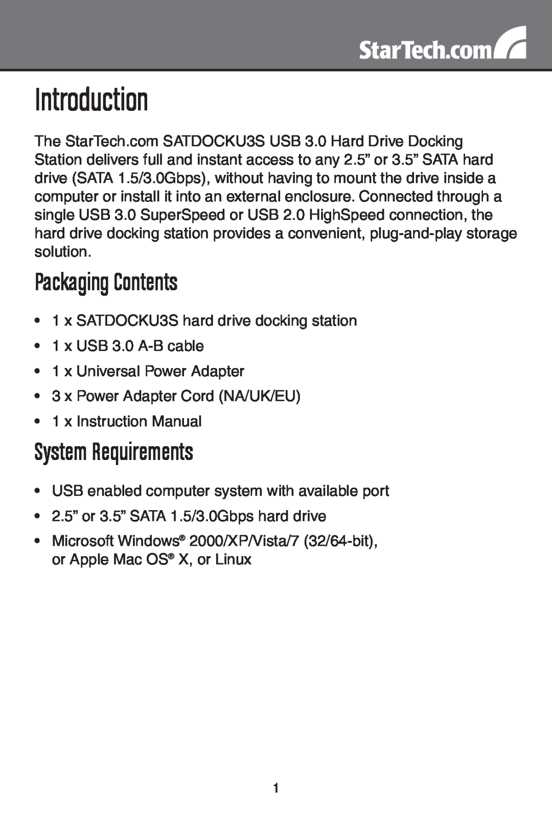 StarTech.com SATDOCKU3S instruction manual Introduction, Packaging Contents, System Requirements 