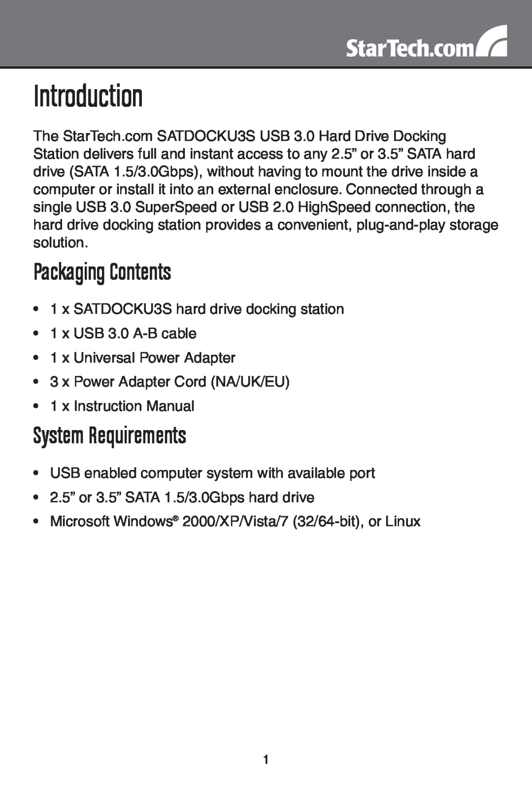 StarTech.com SATDOCKU3S instruction manual Introduction, Packaging Contents, System Requirements 