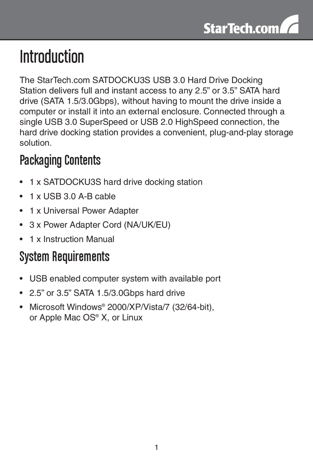 StarTech.com SATDOCKU3S instruction manual Introduction, Packaging Contents 