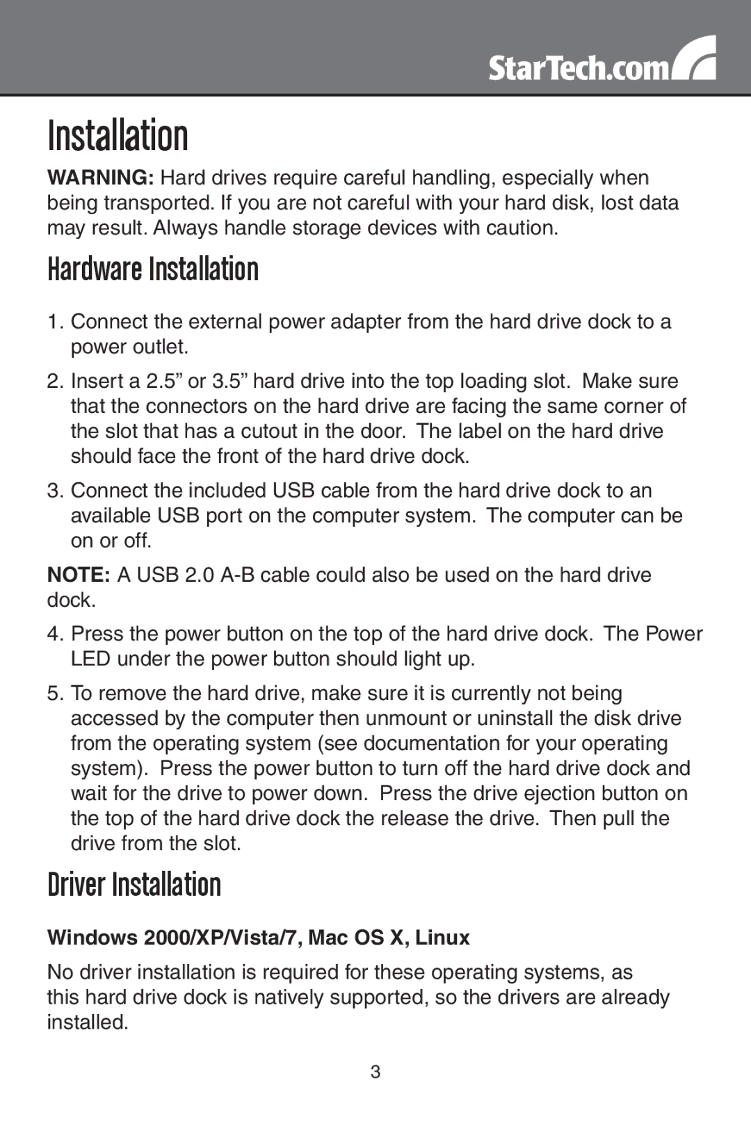 StarTech.com SATDOCKU3S instruction manual Installation, Windows 2000/XP/Vista/7, Mac OS X, Linux 