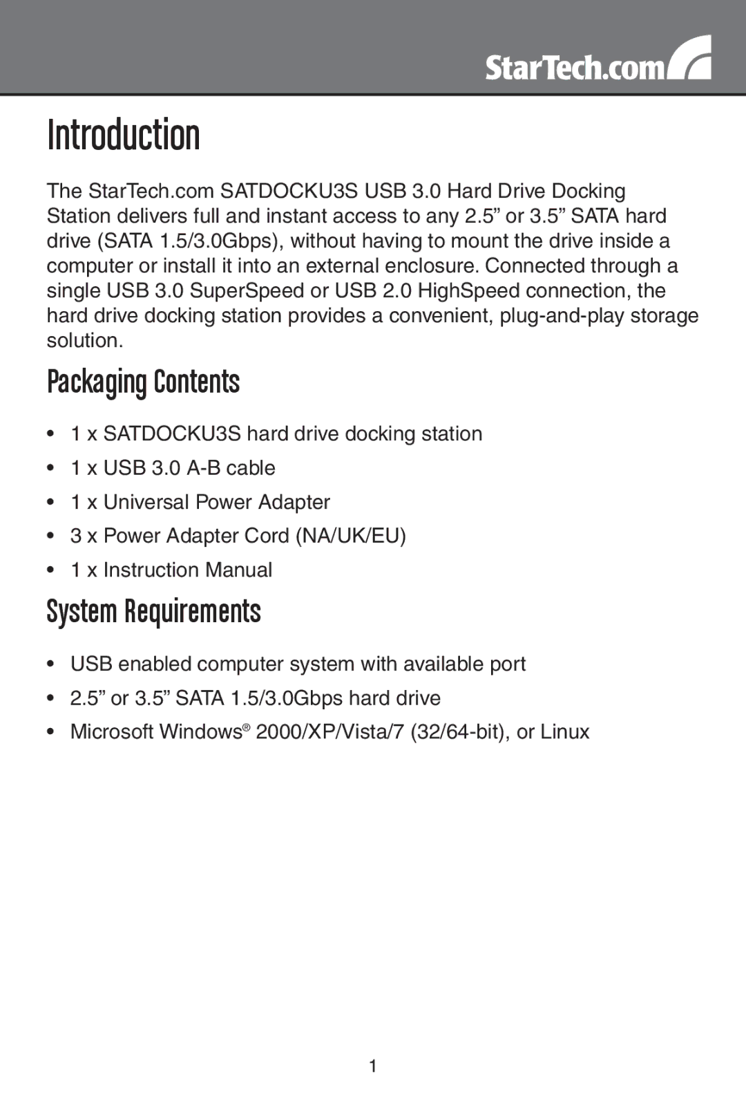 StarTech.com SATDOCKU3S instruction manual Introduction, Packaging Contents 