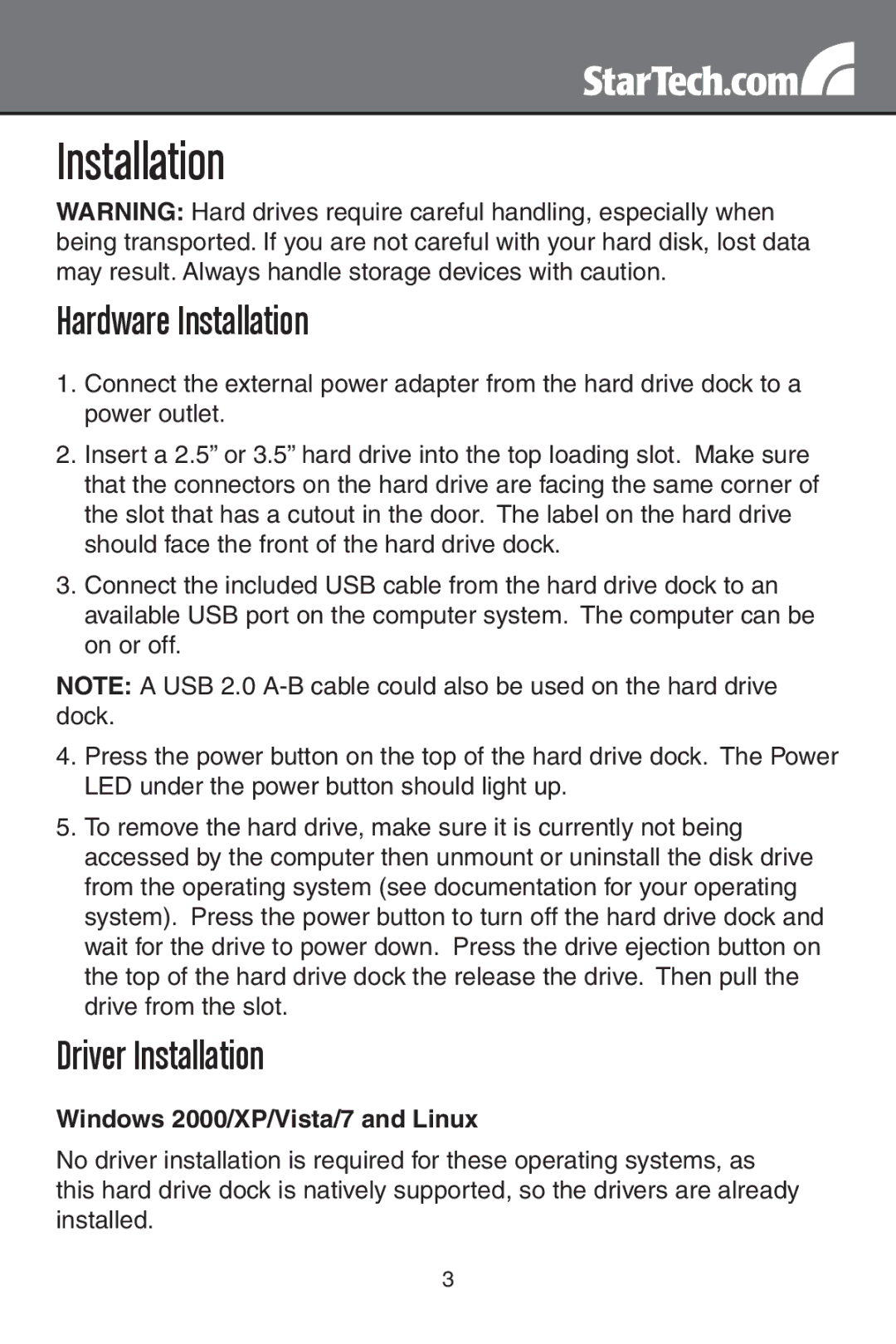 StarTech.com SATDOCKU3S instruction manual Installation, Windows 2000/XP/Vista/7 and Linux 