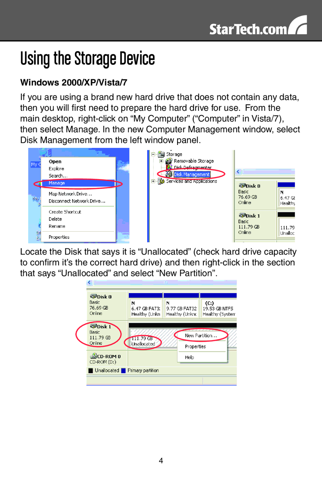 StarTech.com SATDOCKU3S instruction manual Using the Storage Device, Windows 2000/XP/Vista/7 