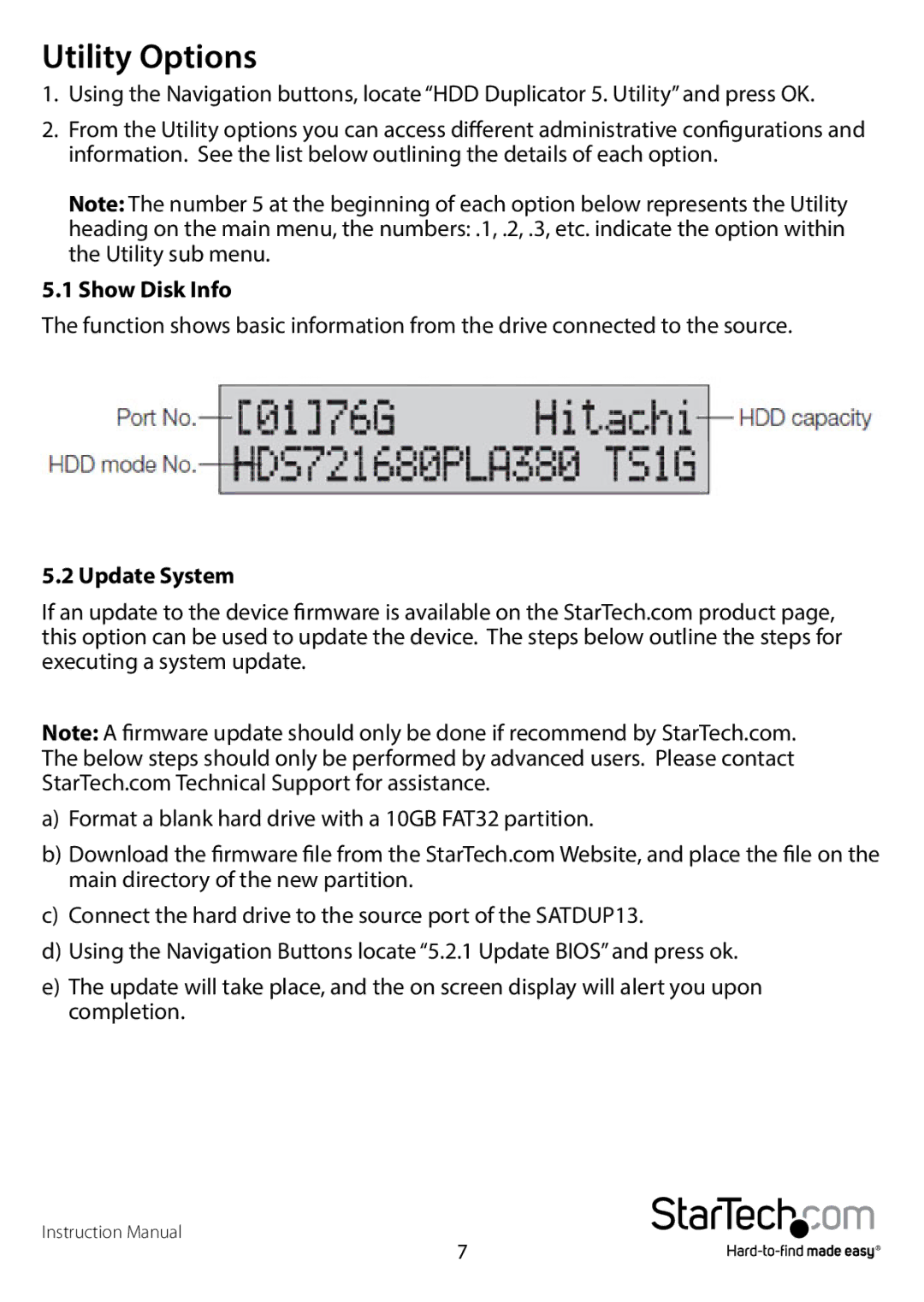 StarTech.com SATDUP13 manual Utility Options, Show Disk Info, Update System 